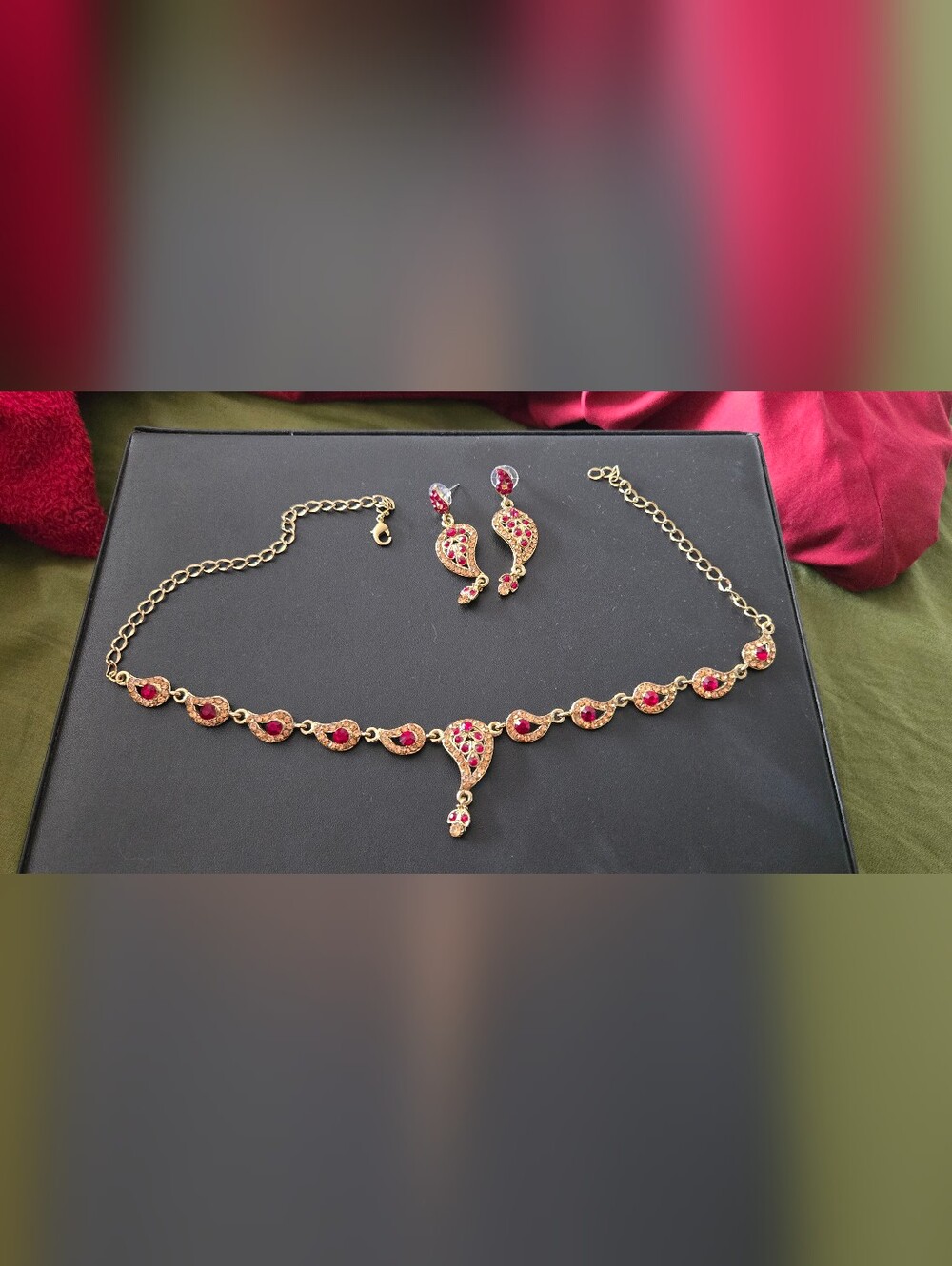Gold Tone Indian Necklace and Earring Set with Red Stones